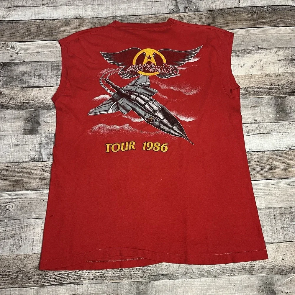 Aerosmith Shirt Size XL Red Vintage 80s Sleeveless Rock Band Tee Blackbird Jet